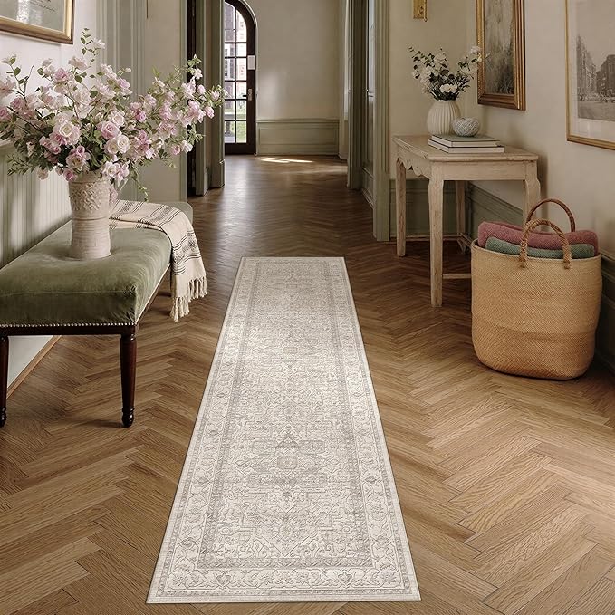 2x8 Washable Vintage Runner Rug Beige Oriental Hallway Kitchen Throw Rug Neutral Non Slip Soft Low Pile Carpet for Bathroom Laundry Bedroom Living Room
