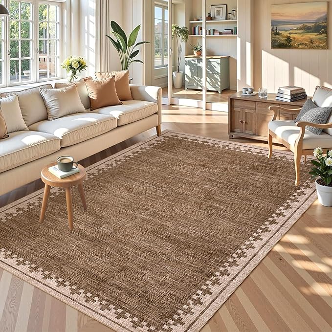 GarveeHome Modern10x13 Washable Bordered Area Rug for Living Room Bedroom Neutral Non Slip Stain Resistant Large Indoor Carpet Foldable Low Pile Dining Room Home Office Rugs, Brown