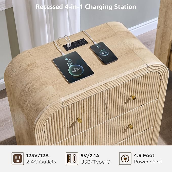 T4TREAM Fluted Dresser with 3 Drawers, 32" Tall Modern Chest of Drawers with Thickened Curved Profile Design, Wood Closet Clothes Storage Organizer for Bedroom, Living Room, Hallway, Natural Oak