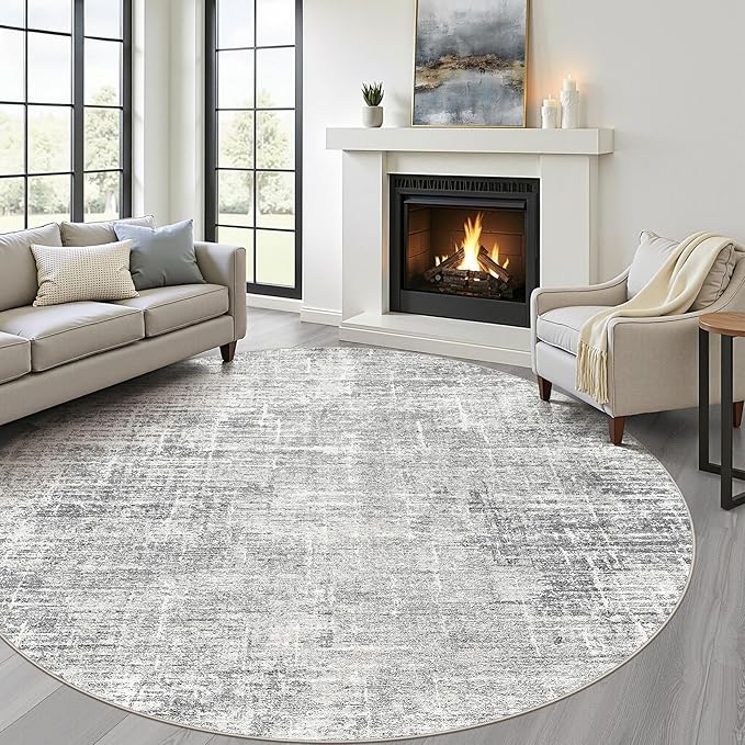 7ft Round Rug Living Room: 7x7 Washable Large Neutral Grey Circle Area Rug Abstract Soft Modern Stain Resistant Indoor Floor Non-Slip Carpet for Bedroom Nursery Kids Office Playroom Dining Room