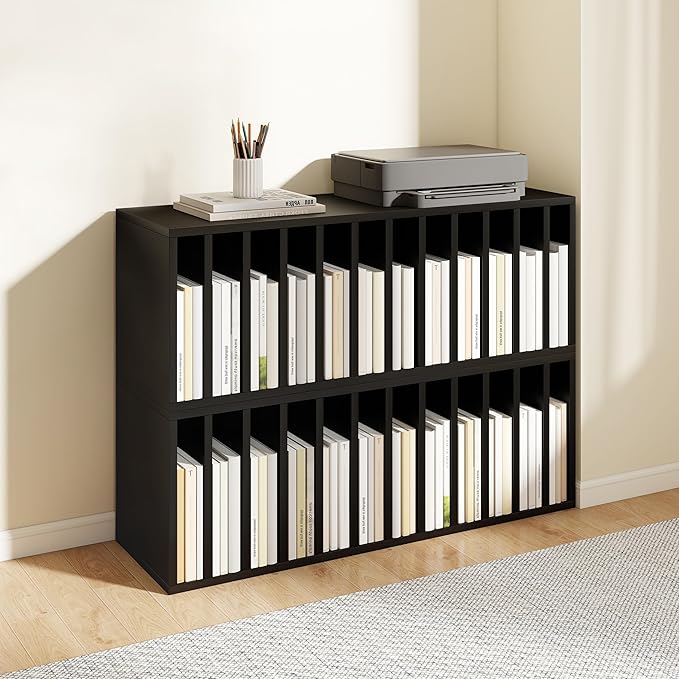 IOTXY DIY Modular Cube Bookcase - CubeXY Customizable Stackable Expandable Basic Shelving Units, 12-Cube Wooden Open Bookshelf with Removable Shelves for 10-inch Vinyl Record Storage Organizer, Black