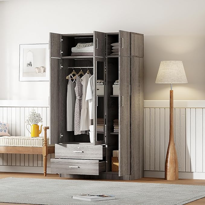 Mirror 3 Doors Closet Wardrobe with 2 Drawers and Top Cabinet, Modern Wooden Armoire Wardrobe Closet with Hanging Rod for Bedroom, Freestanding Bedroom Closet, Clothes Storage Organizer (Gray)