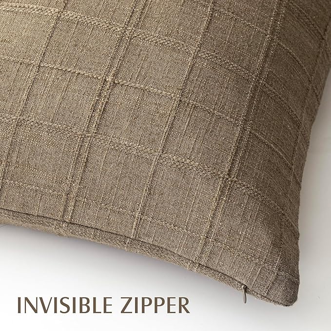 Foindtower Set of 2 Decorative Linen Check Throw Pillow Covers Neutral Farmhouse Lumbar Cushion Covers Modern Boho Home Decor for Sofa Chair Couch Bedroom Living Room,12×20 Inch,Light Brown