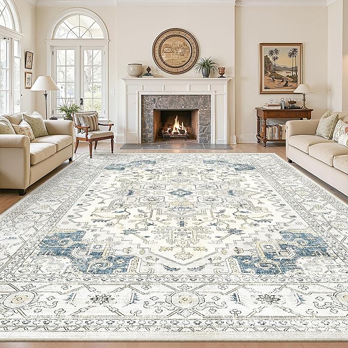 Washable 9x12 Area Rugs, Large Rugs for Living Room Stain Resistant Carpet Vintage Rugs for Bedroom with Non Slip Backing Home Decor(9x12,BeigeBlue)