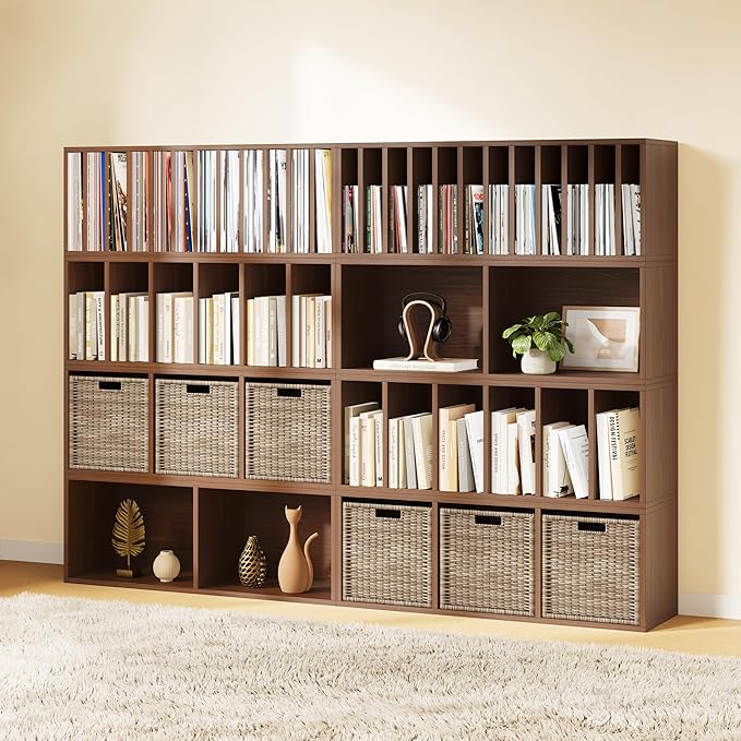 IOTXY DIY Modular Cube Bookcase - CubeXY Customizable Stackable Expandable Combination Set, 23-Cube Open Bookshelf for Books, Fabric Storage Bin, and 7/10-inch Vinyl Record Organizer, Walnut