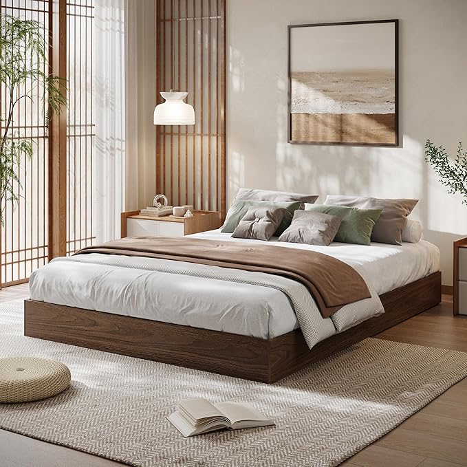 Wood Platform Bed with Sturdy Wooden Slats, King Size Floor-Standing Bed Frame, Modern Minimalist Design Bed Frame, No Box Spring Needed, Easy Assembly