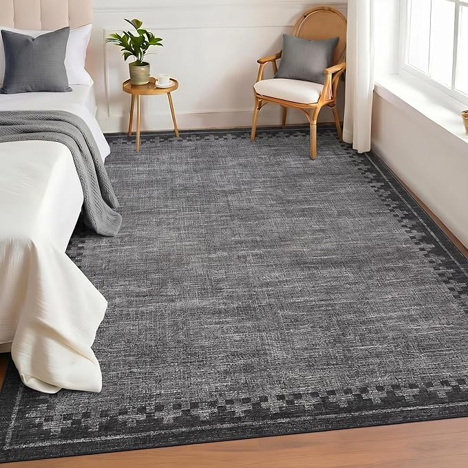 GarveeHome 8x10 Rug Machine Washable for Living Room Bedroom Geometric Bordered Non Slip Neutral Black Grey Carpet Modern Low Pile Area Rugs for Home Office Guest Room, Grey