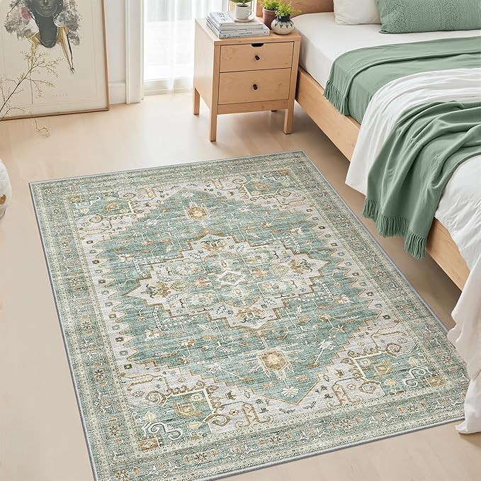 Area Rugs for Living Room - 3x5, Boho Non-Slip Low Pile Carpet Machine Washable Rugs for Bedroom, Farmhouse, Office, Dining Room (Green)