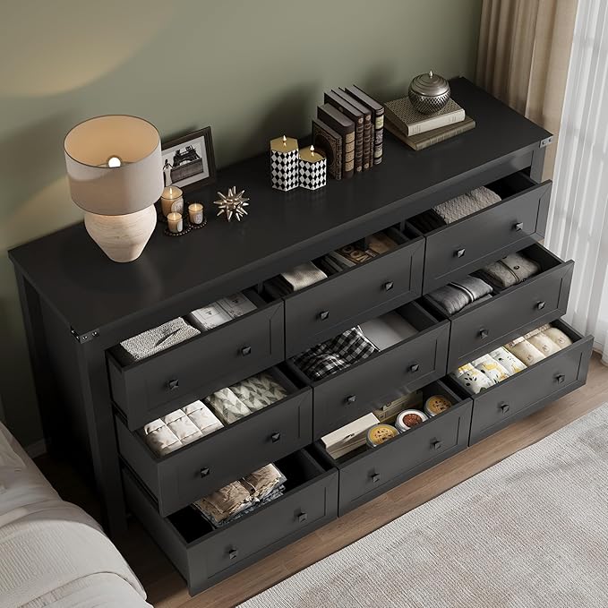 BORNOON 9-Drawer Dresser, Modern Wooden Storage Chest of Drawers, Dresser TV Stand, Wood Drawer Organizer with Metal Handles for Bedroom, Living Room, Hallway