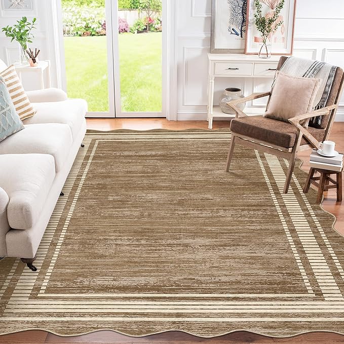 Garvee Scalloped Large Modern Abstract Area Rug 10x13 Washable Rug for Living Room, Non-Slip Soft Carpet for Bedroom, Scalloped Low-Pile Solid Print Accent Rug for Dining Room Home Office, Brown