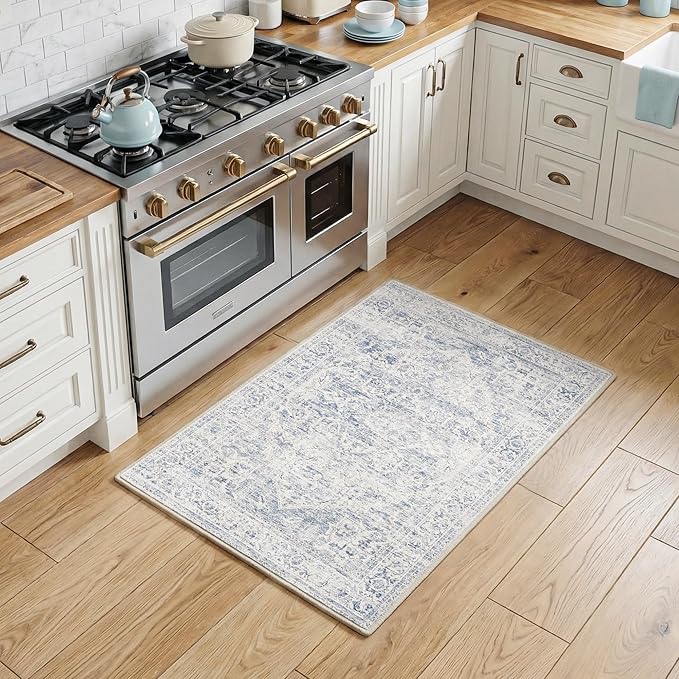 FMFUNCTEX Entryway Rug 2x3 Washable Blue Vintage Distressed Oriental Door Mat Non Slip Low Pile Indoor Carpet Soft Retro Small Throw Area Rugs for Entry Way Entrance Bedroom Kitchen Bathroom Laundry
