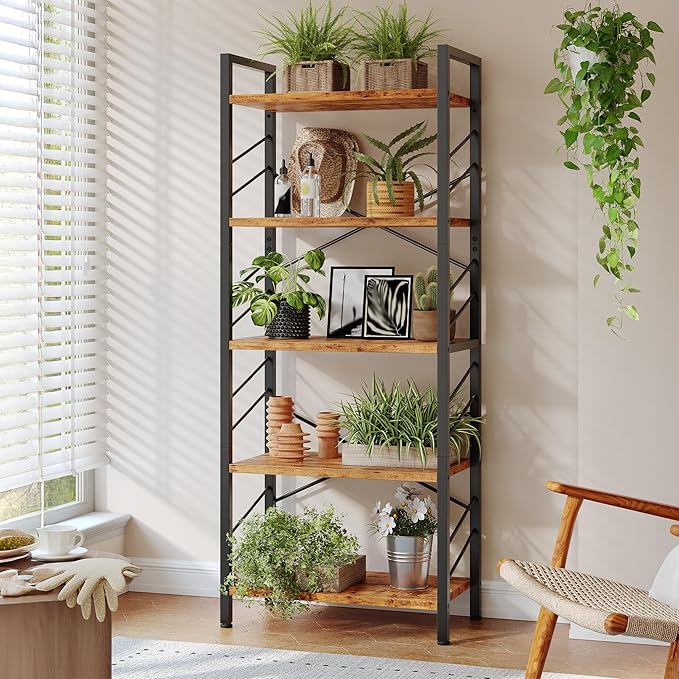 DurayLoly Book Shelf, Industrial 5 Tier Tall Bookshelf, Modern Display Storage Shelves with Metal Frame and Sidebars, Bookcase for Bedroom, Living Room and Home Office, Rustic Brown