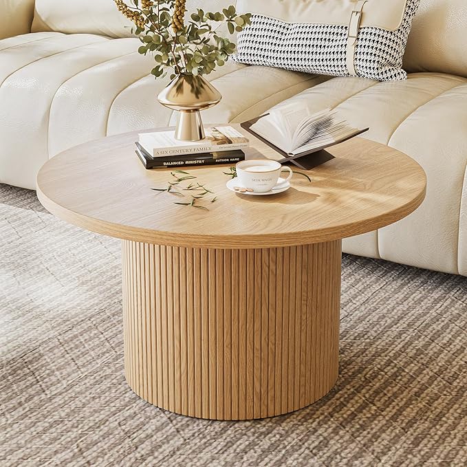 MAISONARIA Round Coffee Table with Metal Frame, 35" Coffee Tables for Living Room, Circle Wood Accent Center Table for Apartment, Oak