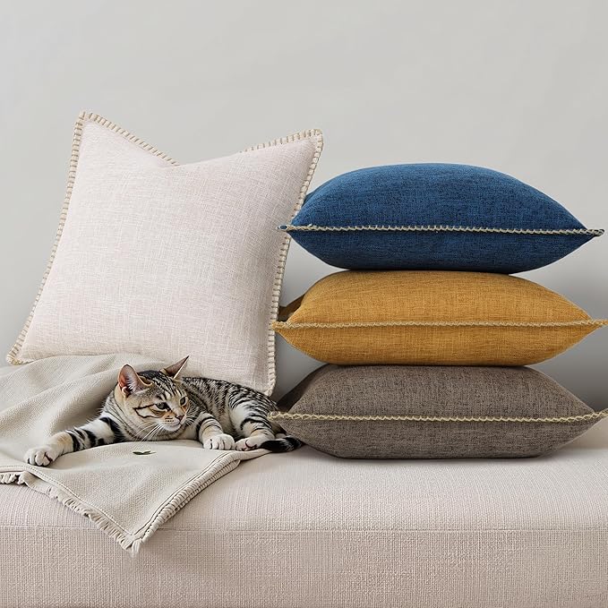 decorUhome Summer Decorative Throw Pillow Covers 18x18 Set of 2 Square Faux Linen Outdoor Neutral Farmhouse Pillow Covers with Stitched Edge for Couch Sofa Living Room, Beige