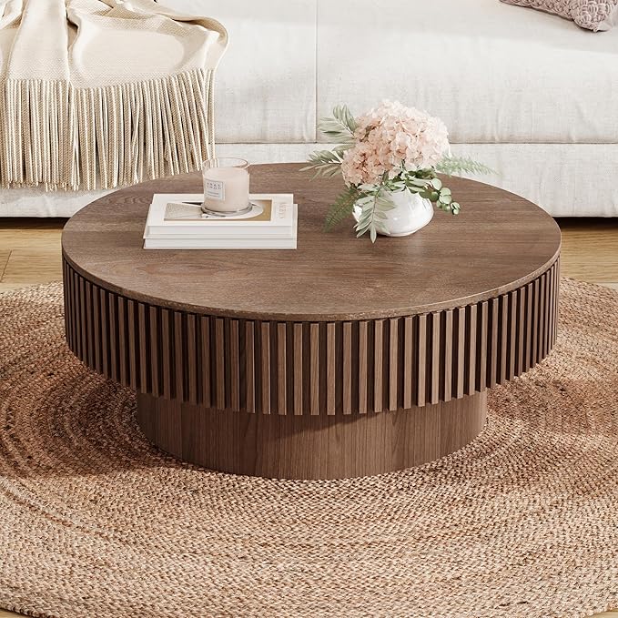 Round Coffee Table with Storage, Modern Handcraft Drum Coffee Table Wood Circle Center Table for Living Room Apartment, 31.49" Walnut