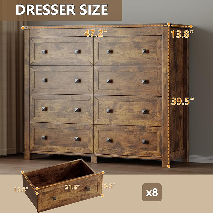 BORNOON Tall 8-Drawer Dresser, Modern Wooden Storage Chest of Drawers, Dresser TV Stand, Wood Drawer Organizer with Metal Handles for Bedroom, Living Room, Hallway
