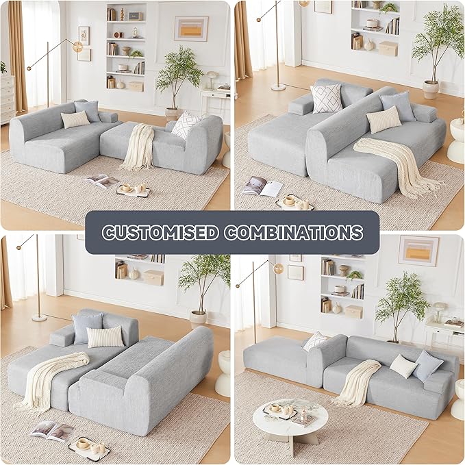 Weture 107" Modular Sectional Cloud Couch, Boneless couches Sponge sectionals for Living Room, High Density Sponges Sofa, Modular L-Shape with Chaise, Lightgrey