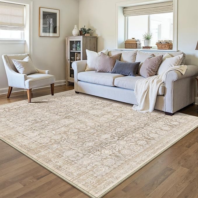 3x5 Beige Washable Neutral Area Rug for Entryway Vintage Non Slip Soft Thin Throw Rug Floral Traditional Stain Resistant Carpet Playroom Bedroom Kitchen Laundry Room Office Under Table