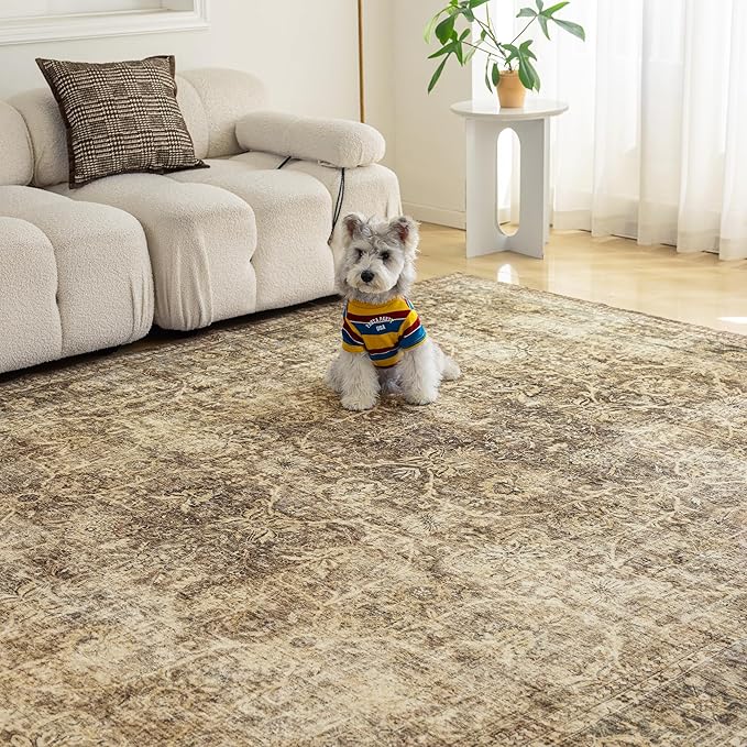 Fmfunctex 2x8 Runner Rug Brown Washable Vintage Neutral Distressed Non Slip Low Pile Indoor Carpet Soft Retro Floral Hallway Entryway Rug for Kitchen Living Room Bedroom Bathroom Laundry Entry Bedside