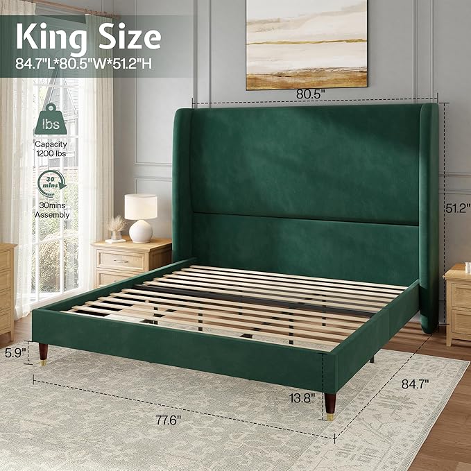 Jocisland King Size Bed Frame 51.2" Wingback Headboard Velvet Upholstered Platform Bed with Solid Wood Legs & Wooden Slats, No Box Spring Needed, Modern Minimalist Style, Easy Assembly, Dark Green