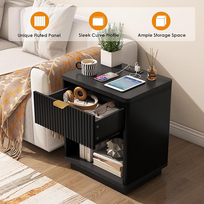 Nasonet Fluted Nightstand Charging Station,Wood Modern Night Stands Storage Cabinet for Bedroom, Black Bedside Table with Drawers