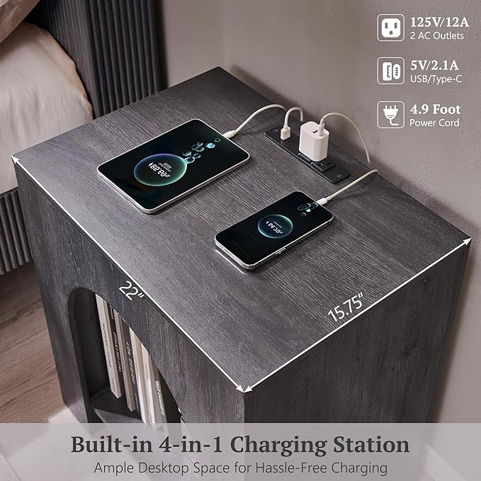 Arched End Table Set of 2 with Type-C Charging Station, 22" Modern Bedroom NightStand with Arched Shelf, Side Table with Outlet, USB, Type-C Port for Bedroom, Dark Grey