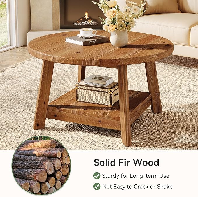 Solid Wood Round Coffee Table for Living Room, 31.5” Farmhouse Wooden 2-Tier Circle Center Cocktail Accent Table with Storage Shelf and Tapered Legs for Apartment, Small Space, Brown