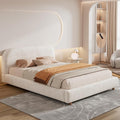 Merax Queen Size Teddy Fleece Thick Fabric Upholstered Platform Bed with Curved Shaped Headboard, Wood Bed Frame with Solid Round Legs for Kids Teens Adults, White