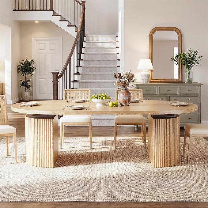 HUAHUU Extendable Round Dining Table for 4-8, 39in-77in Long Large Kitchen Table with Fluted Base, Space Saving Modern Farmhouse Oval Dinner Tables for Dining Room, Kitchen, Living Room, Natural