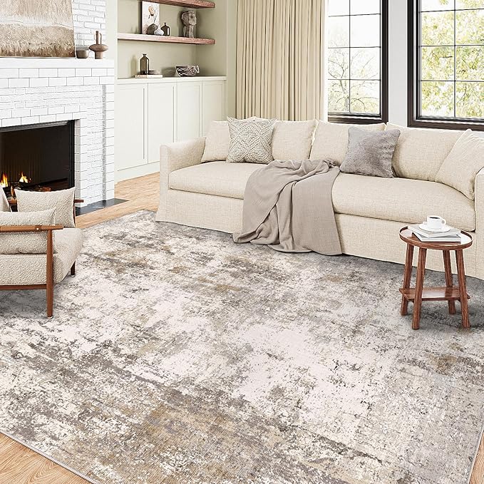 6x9 Washable Area Rug Brown Grey Abstract Non Slip Soft Low Pile Rug for Living Room Bedroom Dining Room Office Neutral Modern Indoor Throw Carpet for Home Decor