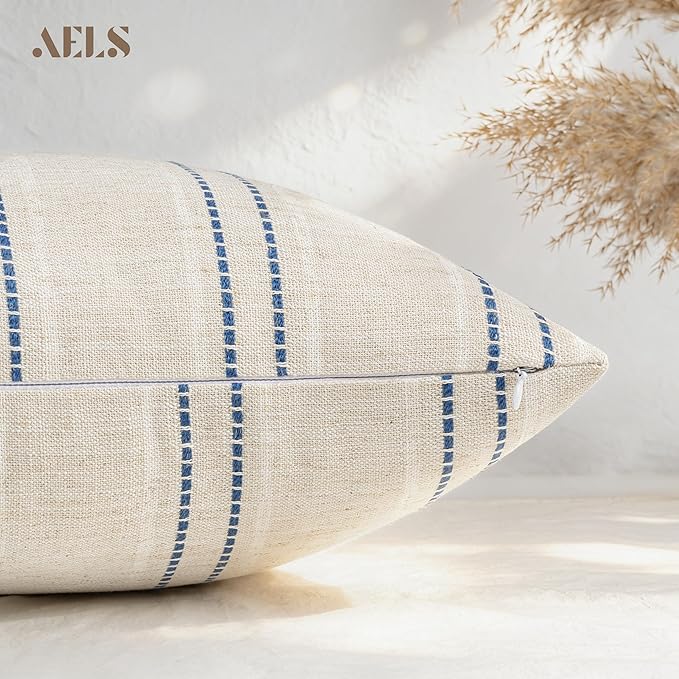 AELS 12x20 Decorative Farmhouse Linen Blend Throw Pillow Covers, Boho Textured Pillow Case, Set of 2, Beige with White & Navy Blue Stitch Yarn Dyed Stripe Cushion Cover for Living Room (Cover ONLY)