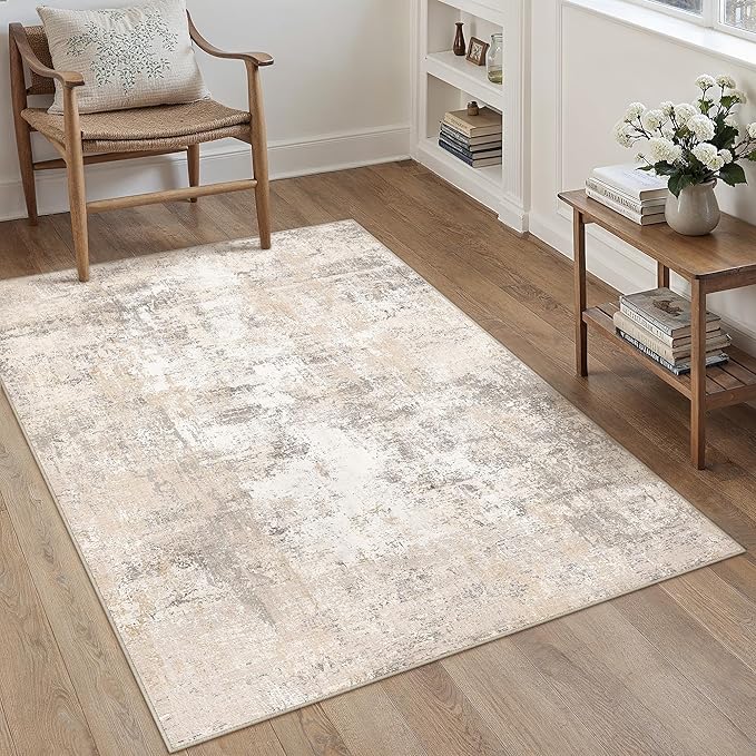 3x4 Washable Area Rug Beige Grey Abstract Non Slip Soft Low Pile Rug for Entryway Kitchen Bathroom Neutral Modern Throw Carpet for Living Room Bedroom Home Decor