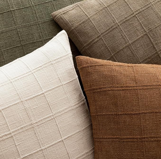 Foindtower Set of 2 Decorative Linen Check Throw Pillow Covers Neutral Farmhouse Vintage Cushion Covers Modern Boho Home Decor for Sofa Chair Couch Bedroom Living Room,18×18 Inch,Brown Hazel