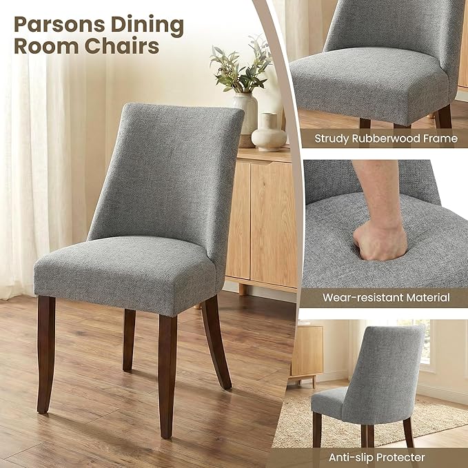 Wooden Dining Chairs Set of 6, Upholstered Farmhouse Fabric Dining Room Chair, Mid Century Kitchen Chair for Restaurant & Cafe, Light Grey