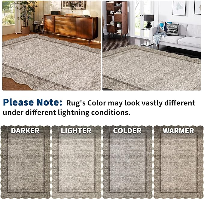 GarveeHome Scalloped Washable Rug 6x9 Rugs for Living Room Modern Brown Nursery Rug Large Area Rug for Bedroom Non Slip Throw Rugs Soft Low Pile Stain Resistant Carpet for Classroom 6 ft x9 ft Brown