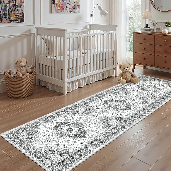 Runner Rug 2'x8' Washable Vintage Area Rugs for Hallway Non Slip Laundry Rug Runner Boho Floor Carpet Runners for Entryway Laundry Room Kitchen Bathroom (2'x8',Grey)