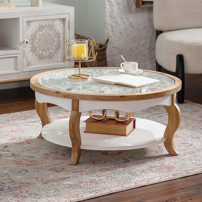WILLIAMSPACE 31.5" Round Coffee Table with Open Storage, Farmhouse Solid Wood Circle Center Table with Tempered Glass Top 2-Tier Tea Table for Living Room, Easy Assembly (White & Natural Wood Finish)