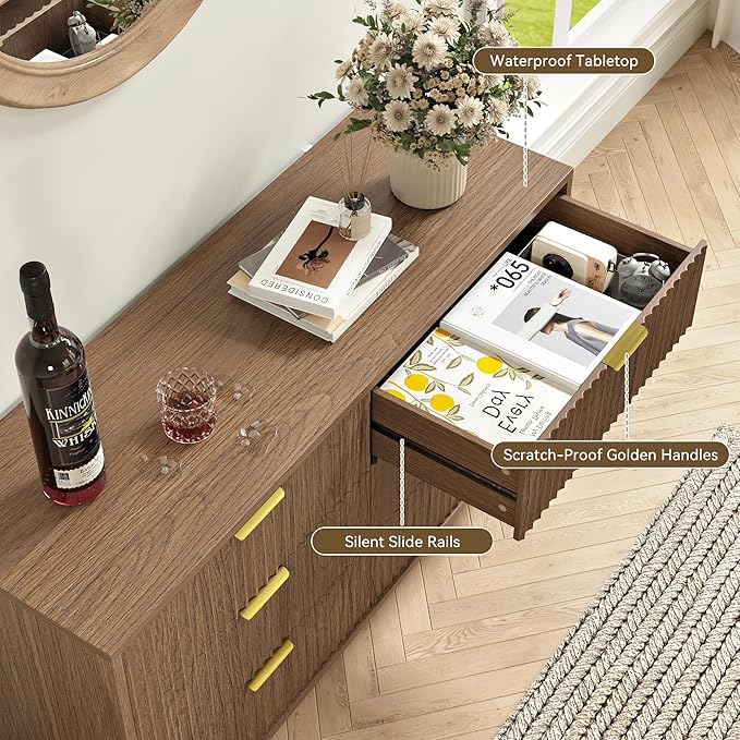 Fluted 6 Drawers Dresser for Bedroom, Wood Dressers with Scratch-Proof Golden Handles, Natural Curved Profile, Modern Double Chest for Living Room, Hallway, Entryway, Natural Oak