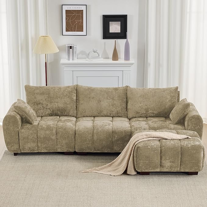 112" Mid Century Modern L Shaped Couch, 3 Seater Modular Sectional Sofa with Movable Ottoman, Deep Seat and Solid Wood Legs, Cloud Couch for Living Room, Chenille Tufted Sofa, Brown