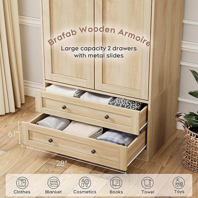 Brafab Armoire Wardrobe Closet with 2 Modern Doors Set of 2, 71" Tall Freestanding Closet Wardrobe Cabinet with Drawers and Hanging Rail, Wooden Storage Cabinet with Shelve for Bedroom, Natural
