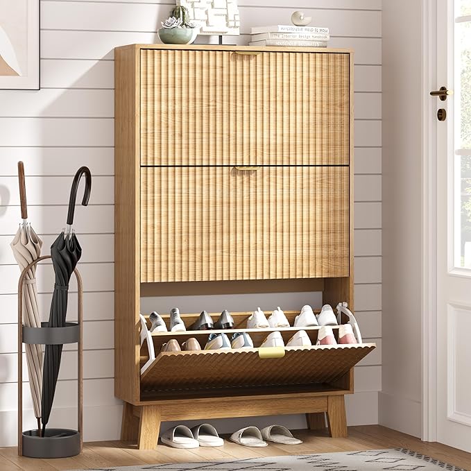 HUANLEGO Shoe Cabinet Storage for Entryway with 3 Flip Drawers, Fluted Narrow Shoe Organizer with Wooden Legs, Freestanding Slim Shoe Storage Hidden Shoe Rack Organizer for Front Door Entrance, Oak