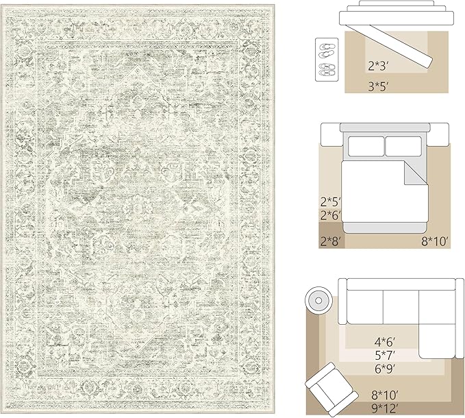 FMFUNCTEX 5x7 Washable Area Rug Neutral Green Distressed Vintage Non Slip Low Pile Traditional Indoor Carpet for Living Room Bedroom Soft Retro Mat Throw Rug for Dining Office Kitchen Dorm Entryway