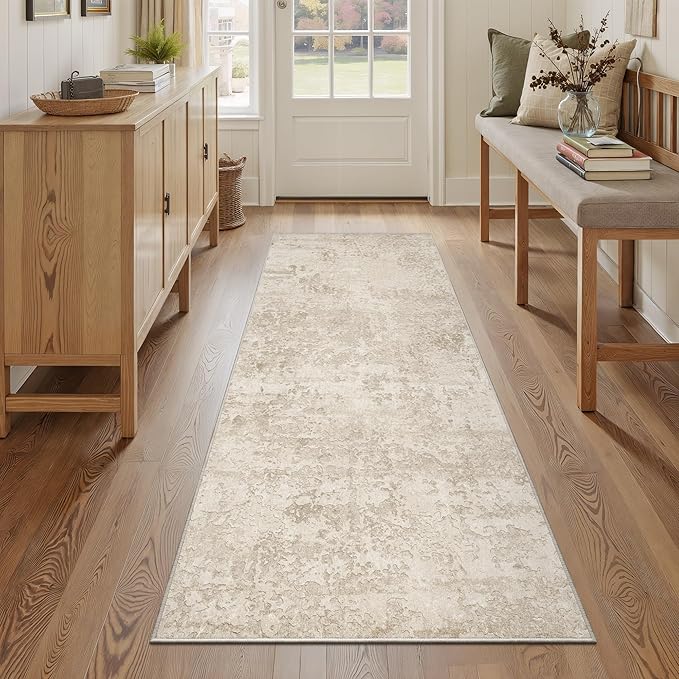 Art&Tuft Runner Rug 2'6"x6' - Anti-Slip Backing Abstract Runner Rug No Slip, Stain Resistant Runners for Hallways, Kitchen, Living Room, Foldable Machine Washable Area Rug (2'6"x6', Beige)