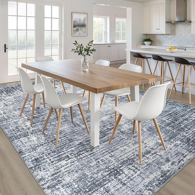 9x12 Area Rug Living Room: Washable Large Neutral Navy Rug Abstract Soft Modern Stain Resistant Indoor Floor Non-Slip Carpet for Bedroom Nursery Kids Office Playroom Dining Room Under Table Home