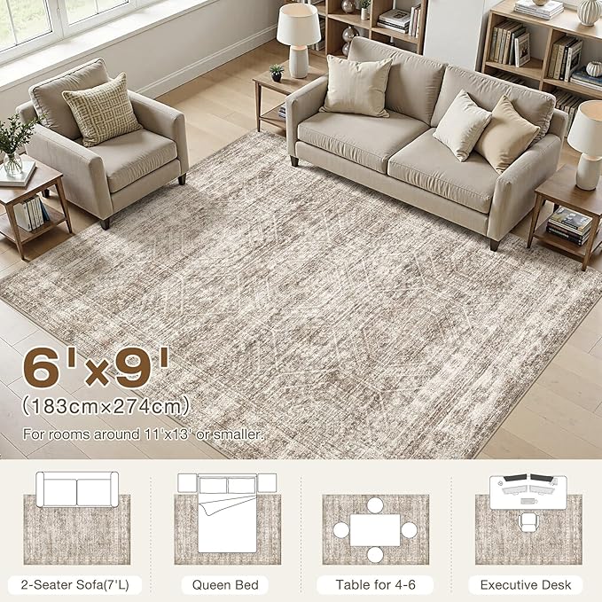 cotiled Large Area Rugs for Living Room 6x9, Machine Washable Rugs with Non Slip Backing Modern Neutral Abstract Rugs Stain Resistant Distressed Carpets for Home Office Decor (6x9 Dark Brown)