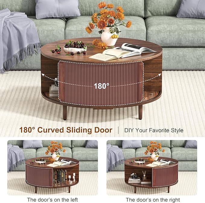 Round Coffee Table, 31.5" Fluted Center Table with Storage, Lift-Top Coffee Table with Adjustable Footpads, Sliding Door, Mid-Century Modern Center Table for Living Room, Small Space (Warm Walnut)