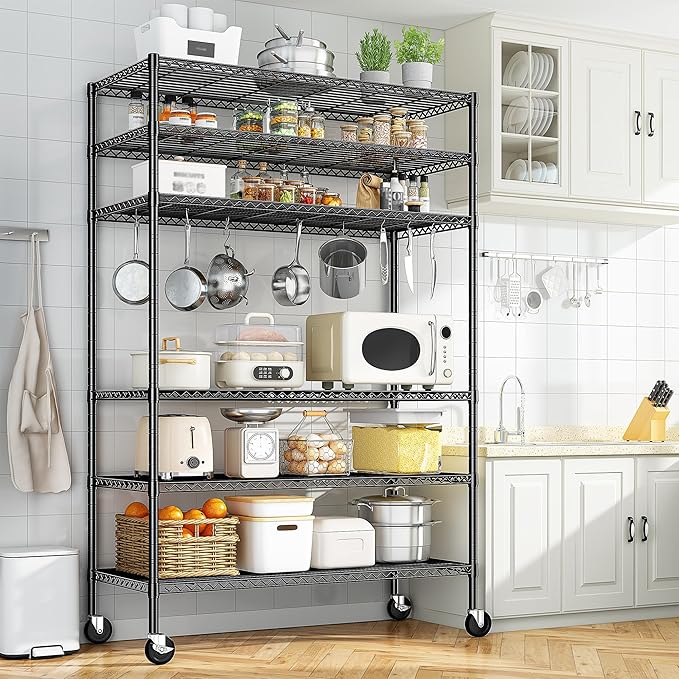 Romorgniz 82" H X45 W X18 D Storage Shelves with Wheels, 6 Tier Wire Shelving Adjustable Metal Shelving Pantry Shelves Capacity 2100LBS for Garage Shelving, Pantry, Kitchen, Closet, Black,2P