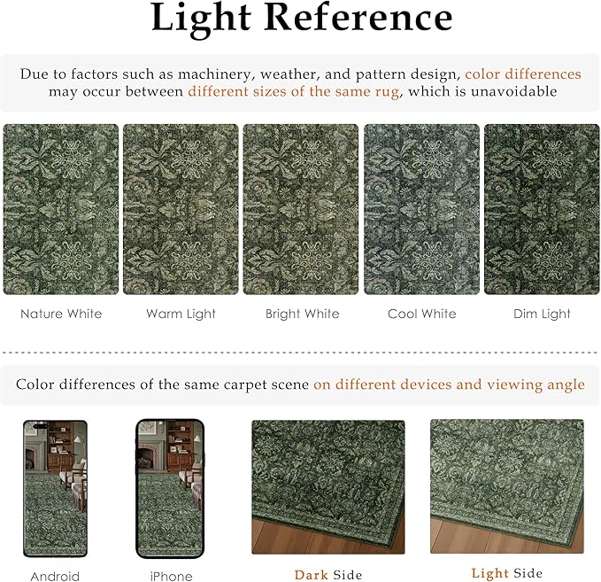 PureCozy Dark Green 8x10 Area Rugs Washable Vintage Living Room Bedroom Carpet Indoor Large Non Slip Soft Low Pile Thin Rug Retro Accent Home Office Dining Room