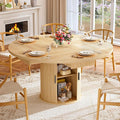 HUAHUU 47.2" Round Dining Table for 4-6, Modern Kitchen Table with 4 Drawers and 2-Tier Storage Shelf, Wooden Circle Dining Tables with Fluted Base & Sliding Door for Home Kitchen Living Room, Natural