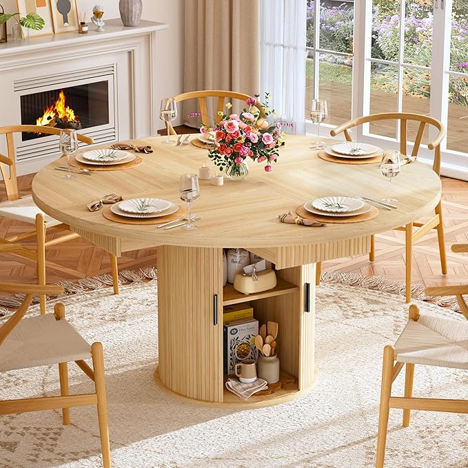 HUAHUU 47.2" Round Dining Table for 4-6, Modern Kitchen Table with 4 Drawers and 2-Tier Storage Shelf, Wooden Circle Dining Tables with Fluted Base & Sliding Door for Home Kitchen Living Room, Natural